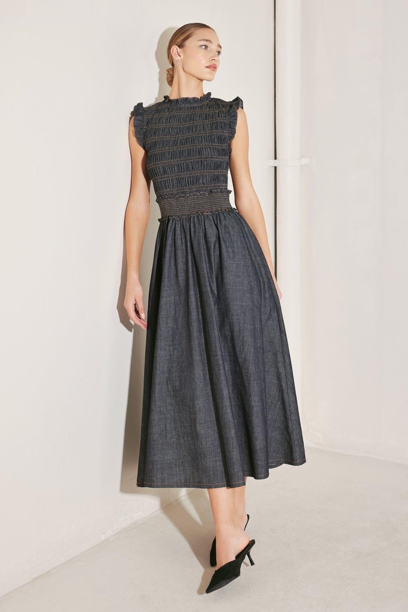 Dark Denim Smocked Midi Dress with Ruffle Neck and Sleeve Detail