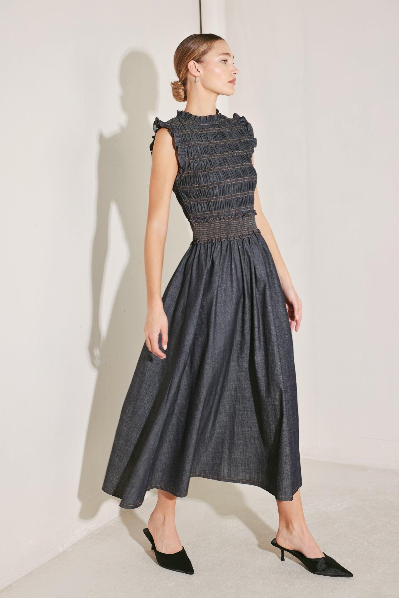 Dark Denim Smocked Midi Dress with Ruffle Neck and Sleeve Detail