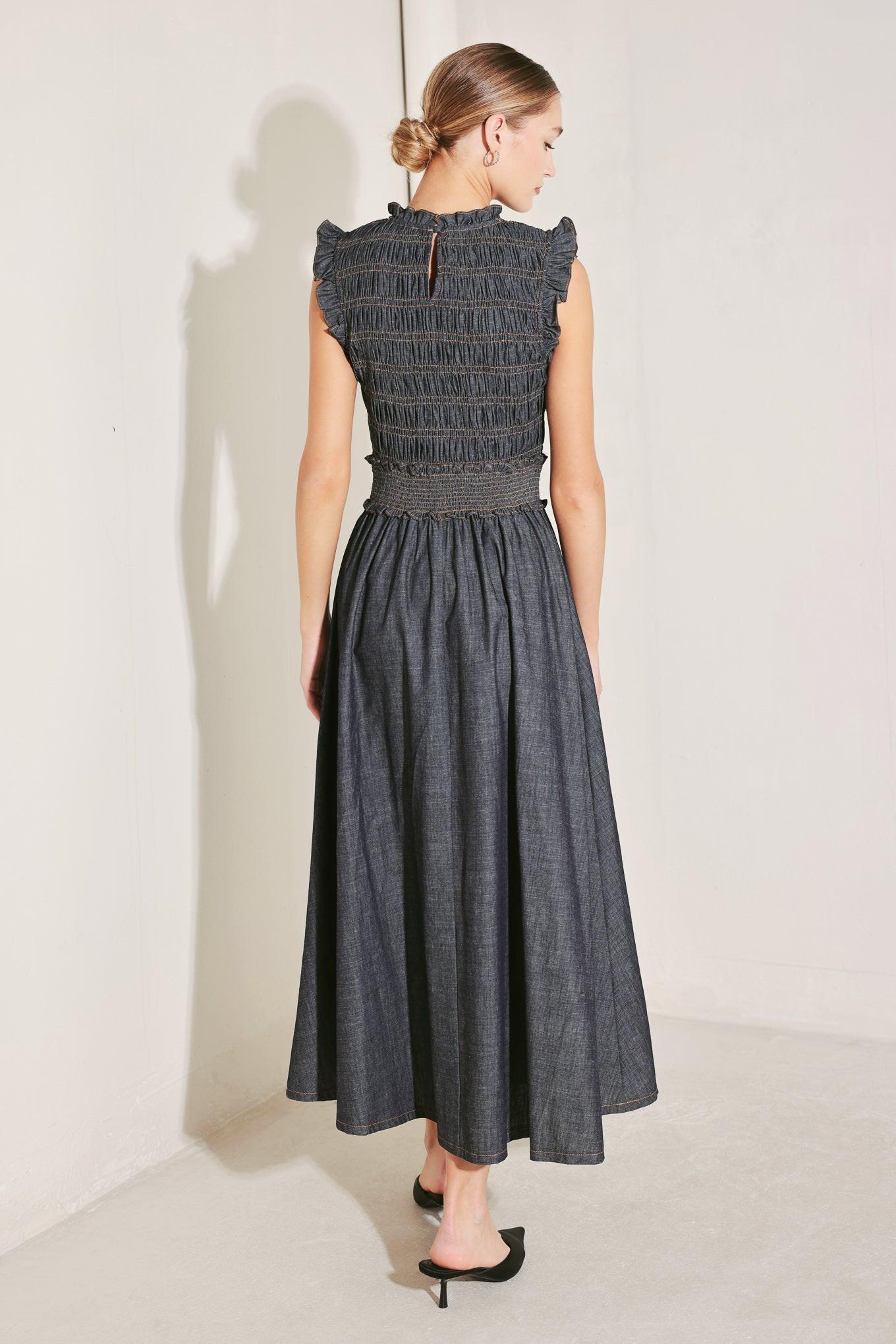Dark Denim Smocked Midi Dress with Ruffle Neck and Sleeve Detail