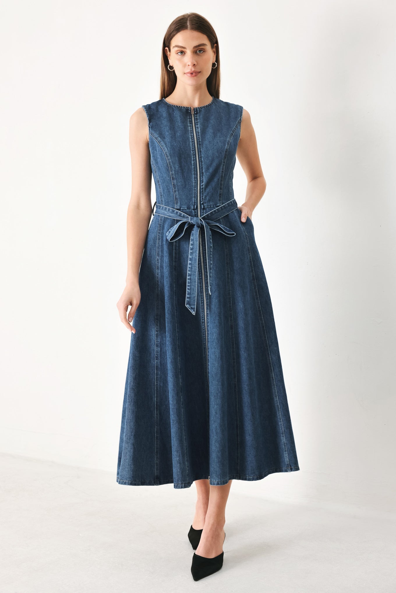 Indigo Denim Midi Dress with Front Zipper and Tie Waist