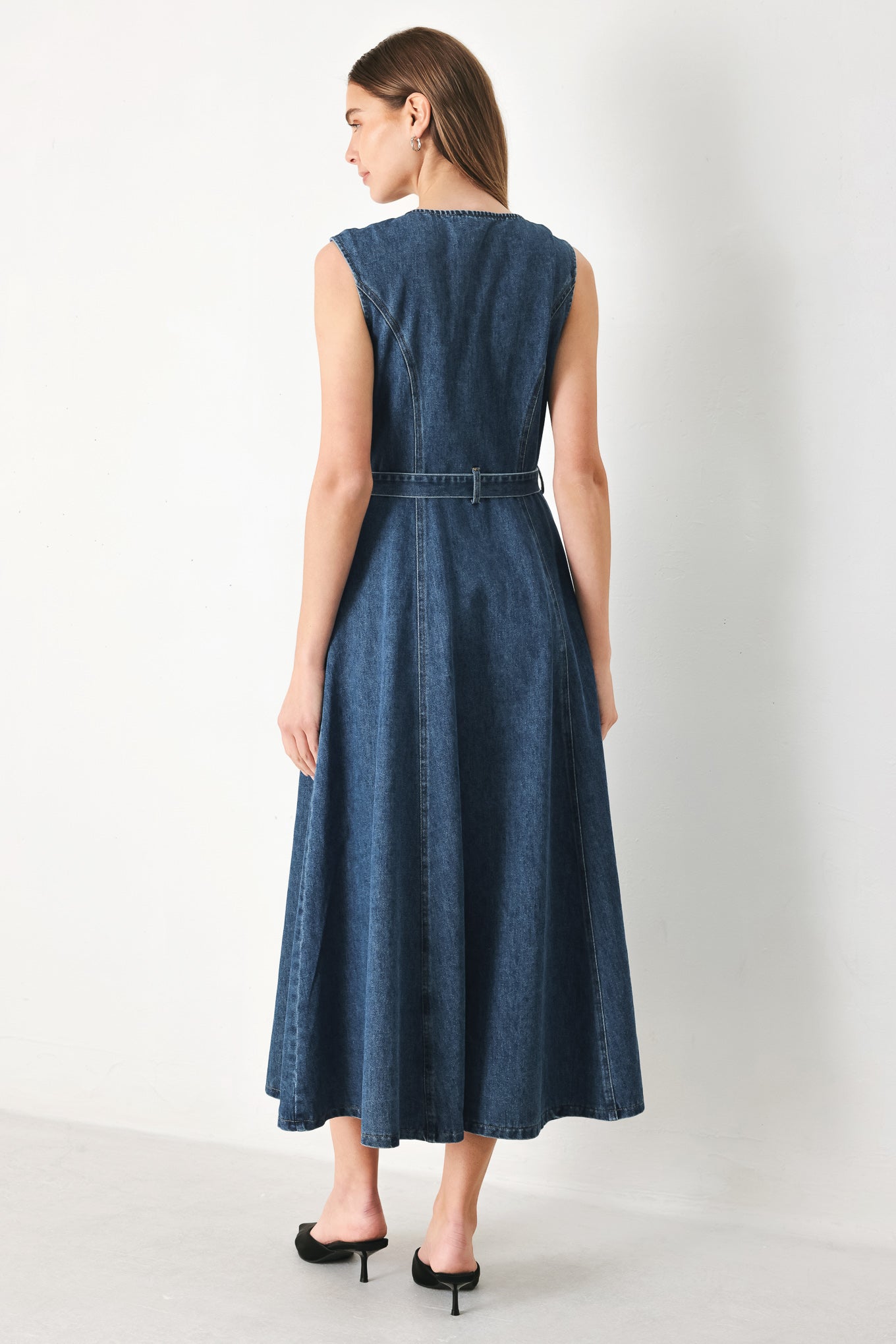 Indigo Denim Midi Dress with Front Zipper and Tie Waist