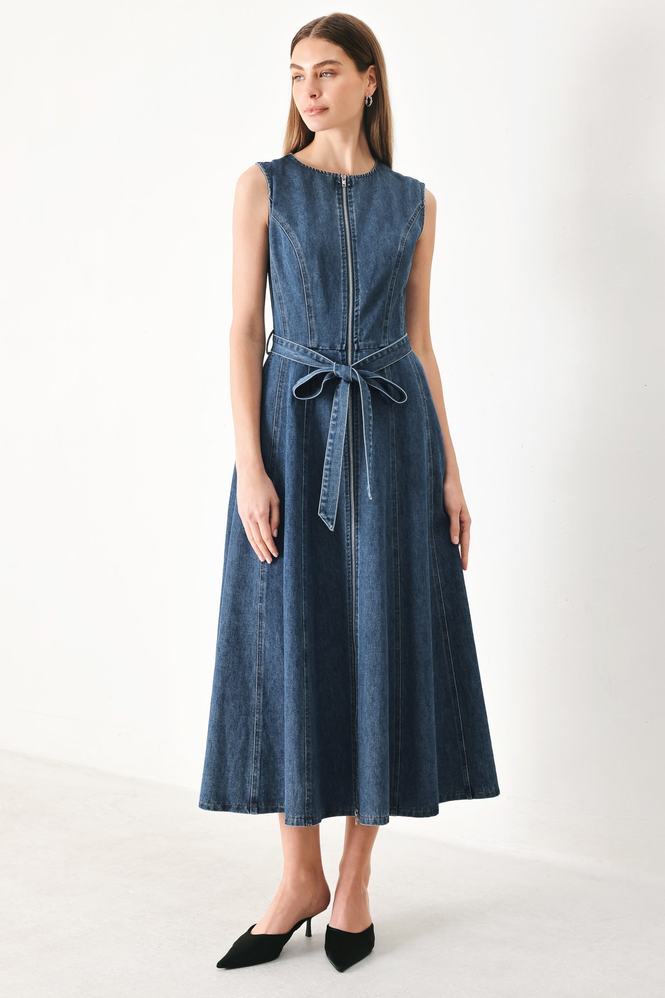 Indigo Denim Midi Dress with Front Zipper and Tie Waist