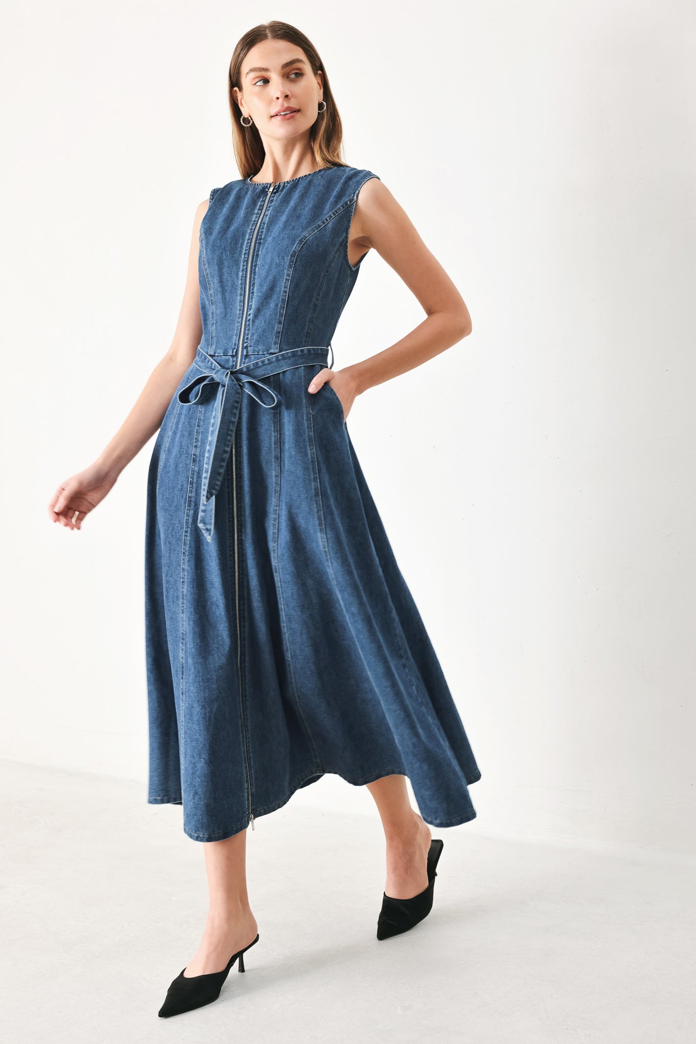 Indigo Denim Midi Dress with Front Zipper and Tie Waist