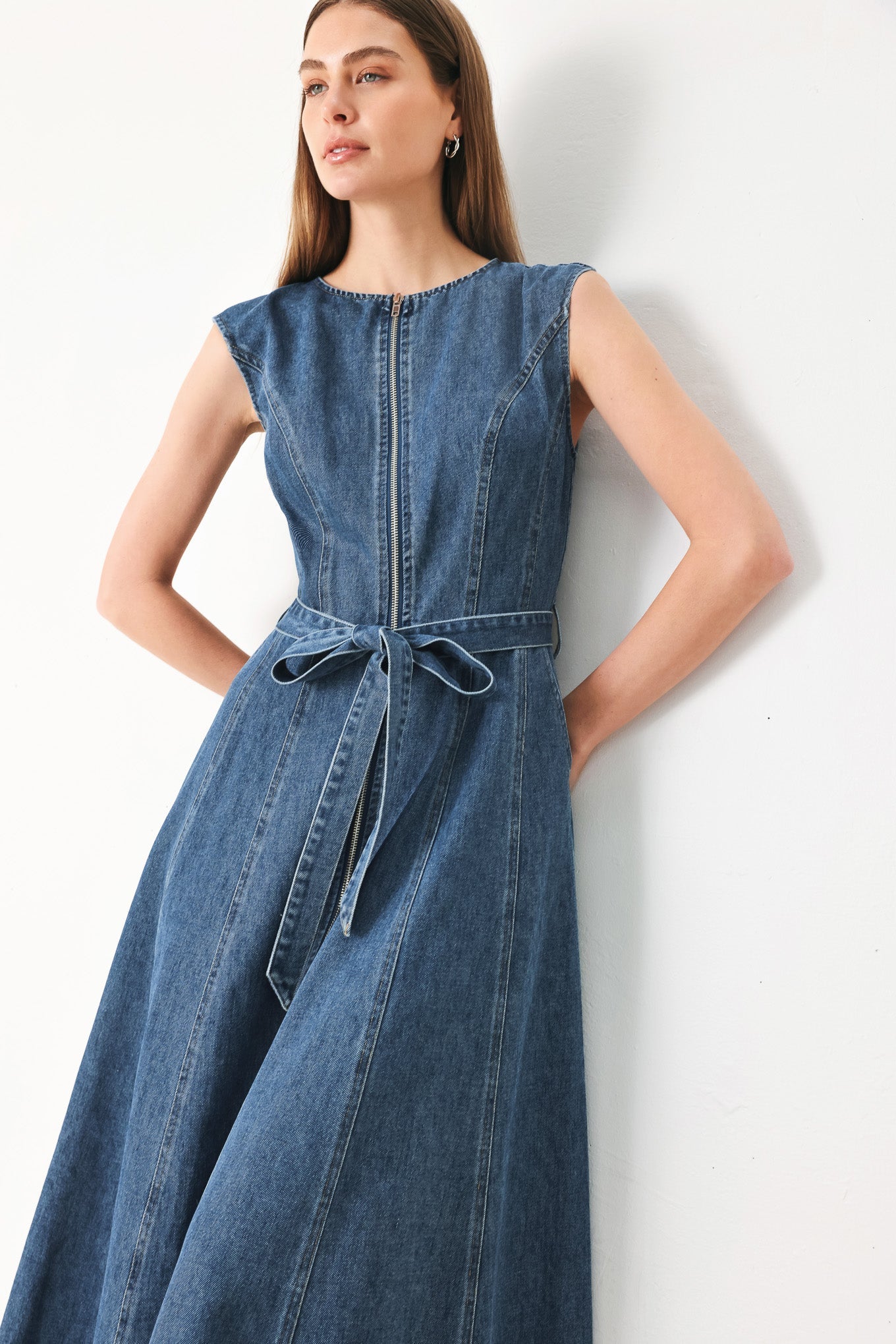 Indigo Denim Midi Dress with Front Zipper and Tie Waist