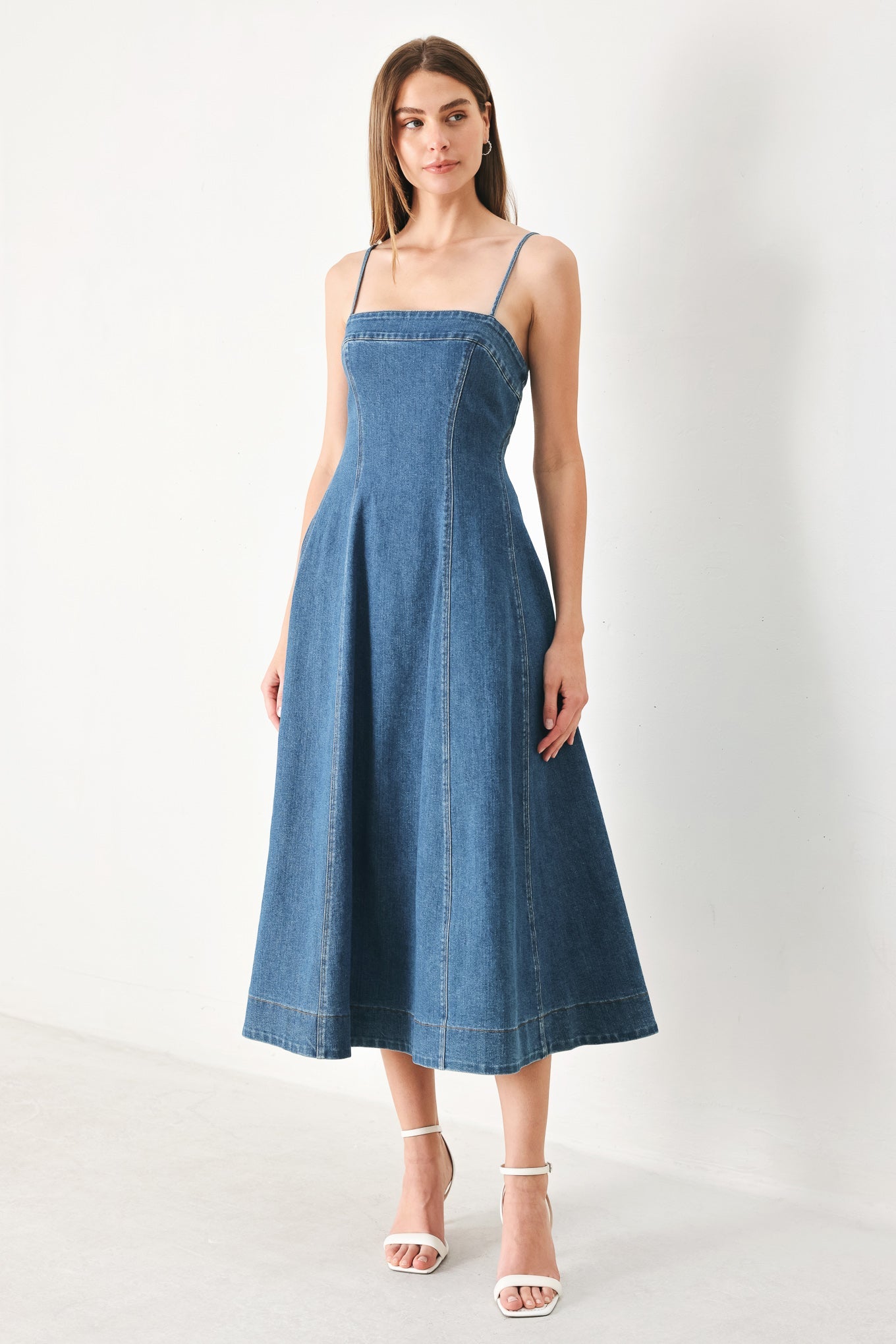 Summer Indigo Denim Midi Dress with Square Neckline