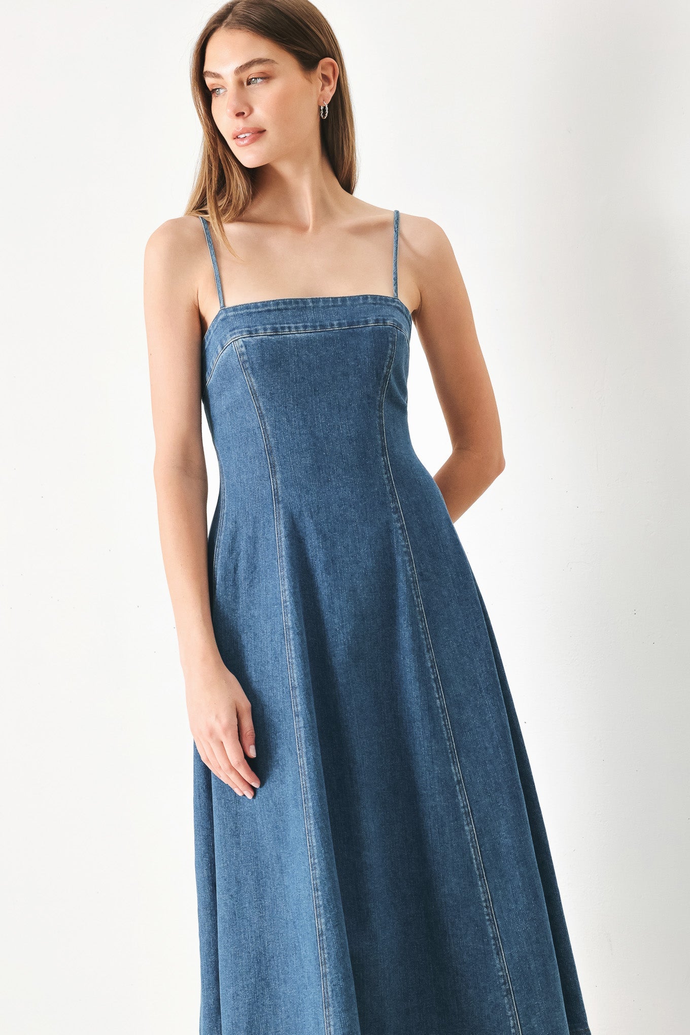 Summer Indigo Denim Midi Dress with Square Neckline