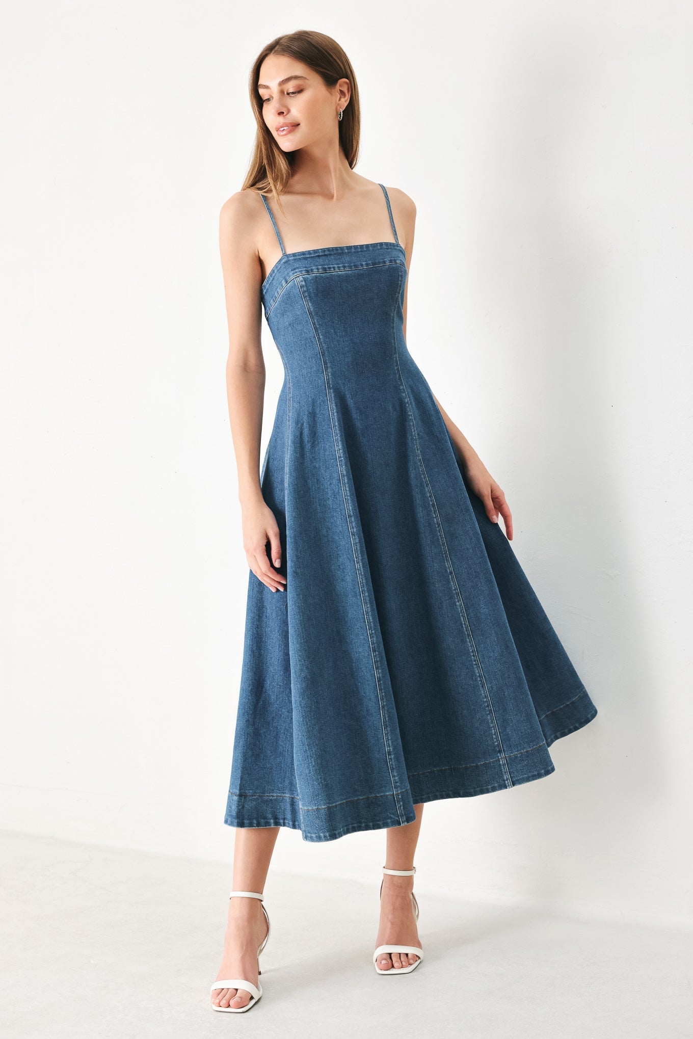 Summer Indigo Denim Midi Dress with Square Neckline