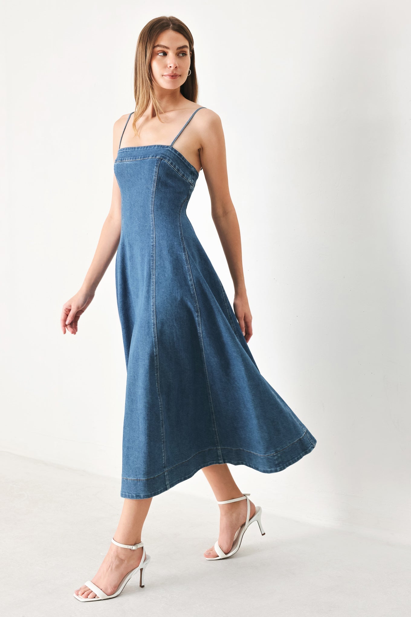 Summer Indigo Denim Midi Dress with Square Neckline