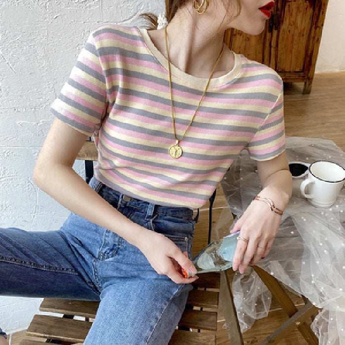 Women Striped Slim Fit Short Sleeve Casual Tee Shirt Top - Image 6