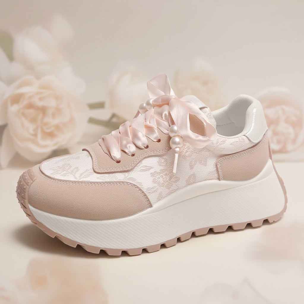 Lace-Up Platform Athletic Sneakers Mid Heel Floral Shoes