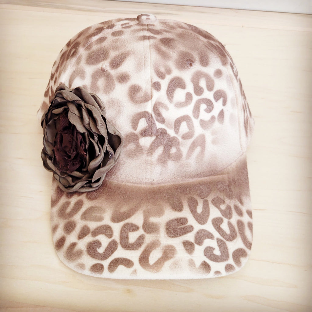 Hand-Painted Ivory Leopard Print Suede Baseball Cap with Flower - Image 2