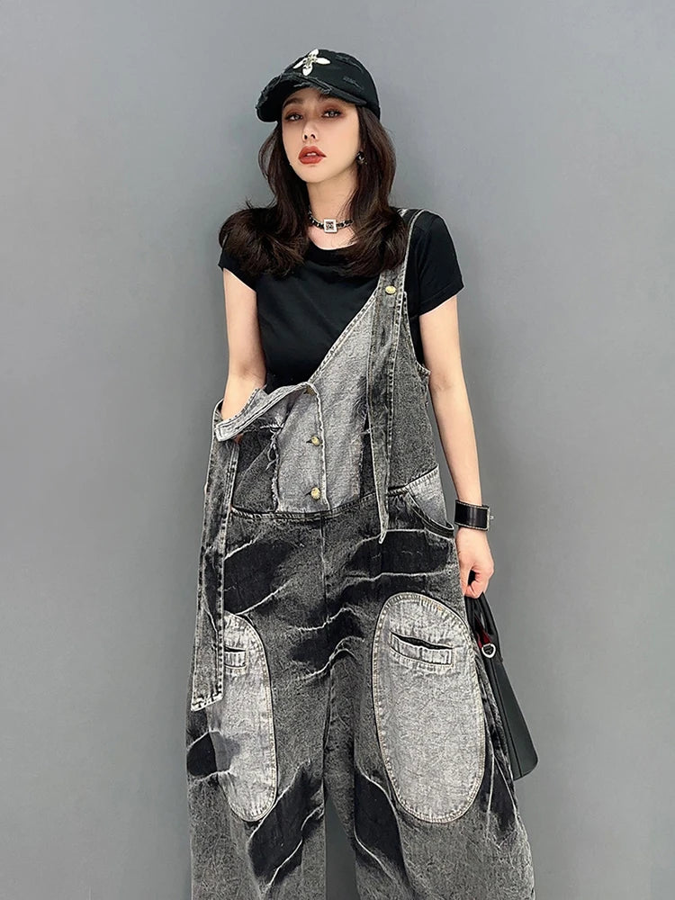 Women's Washed Black Denim Patchwork V-Neck Loose Jumpsuit - Image 6