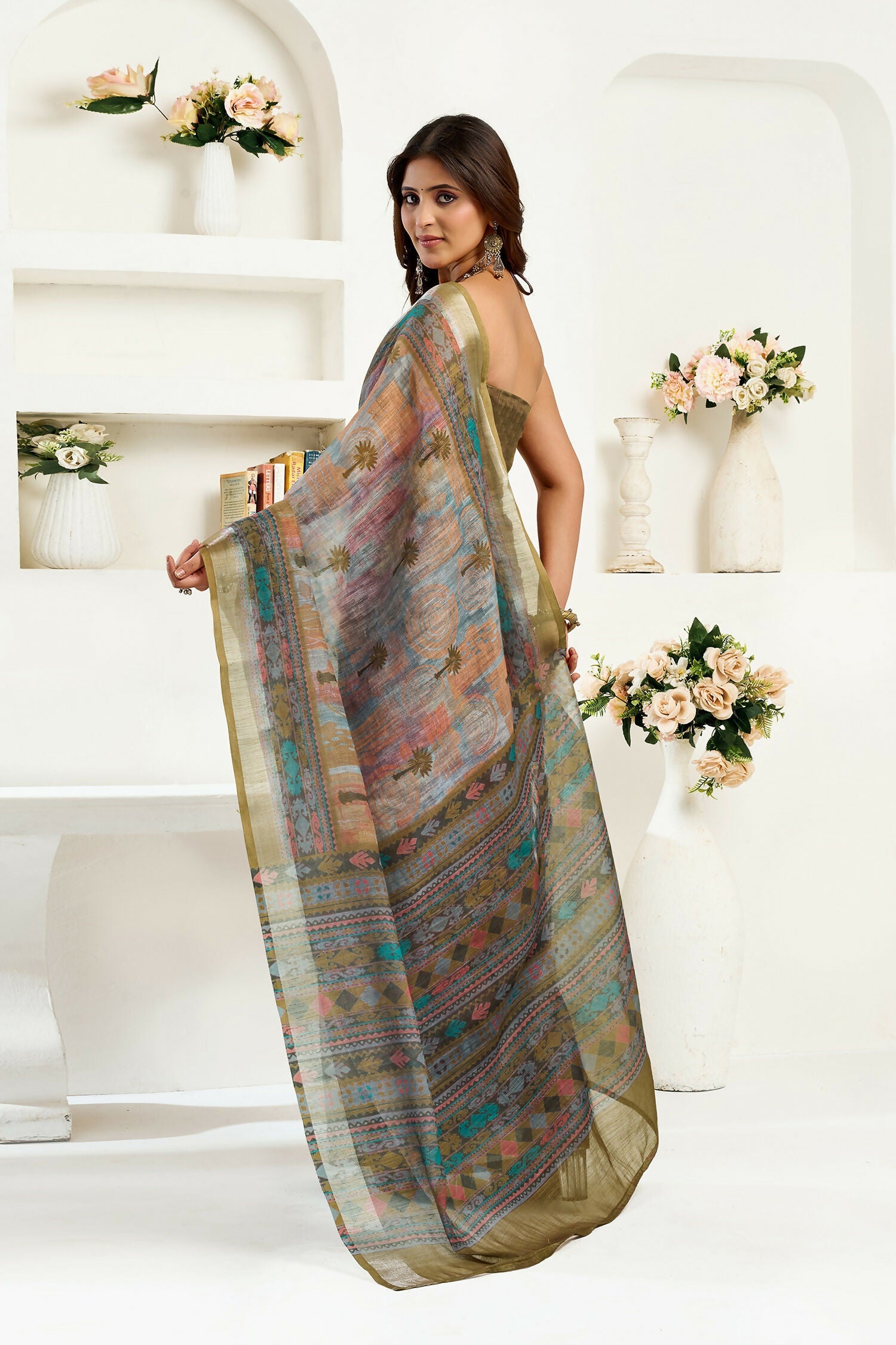 Dusty Green Floral & Ethnic Motif Linen Ready To Wear Saree