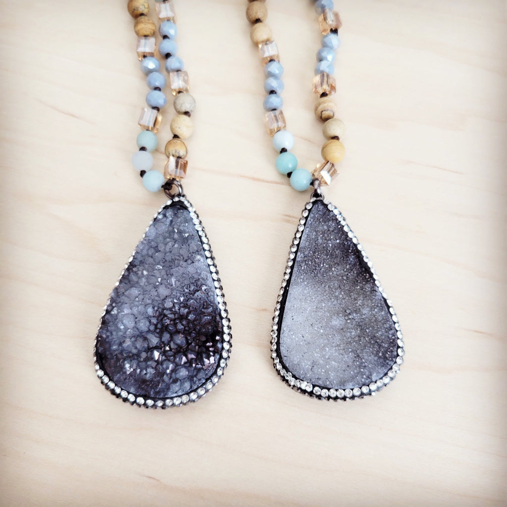 Amazonite and Crystal Long Beaded Necklace with Druzy Pendant - Image 4