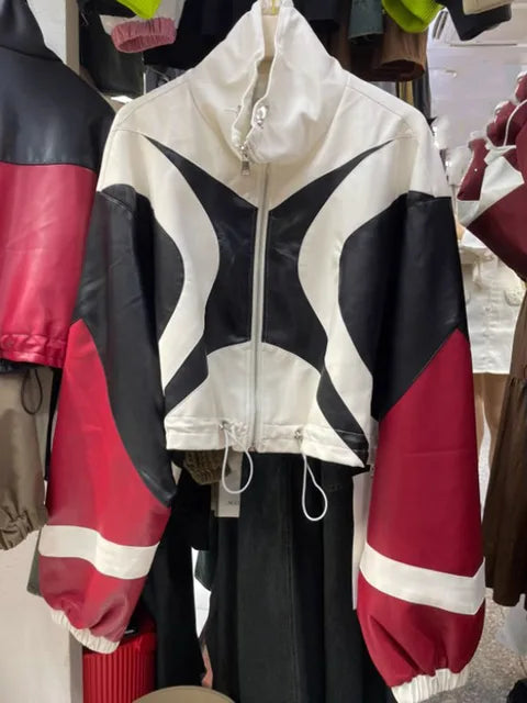 Women's Harajuku Contrast Patchwork Leather Motorcycle Jacket - Image 7