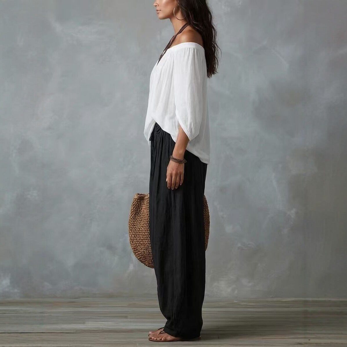Women's One-Shoulder Cotton Two-Piece Set – Relaxed Wide-Leg Outfit