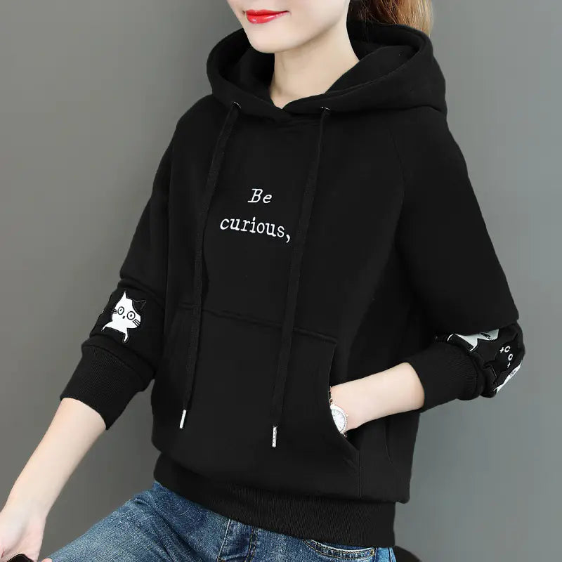 Women's Fleece-Lined Graphic Hoodie with Cat Print Details - Image 8