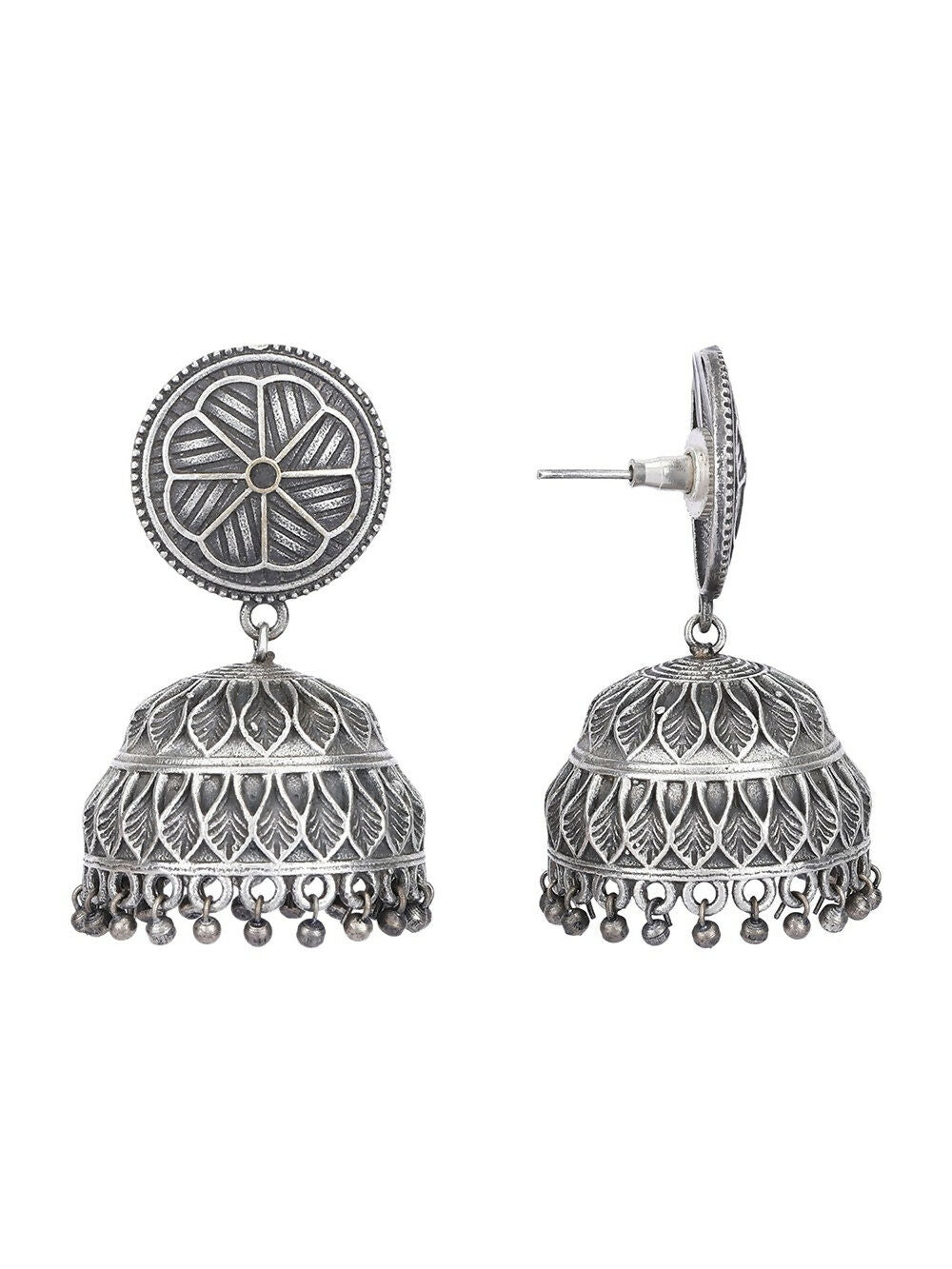 Women's Silver Tone Brass Jhumka Earrings - Bohemian Ethnic Style