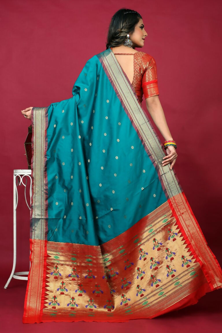Sky Blue Paithani Silk Zari Woven Saree with Red Blouse