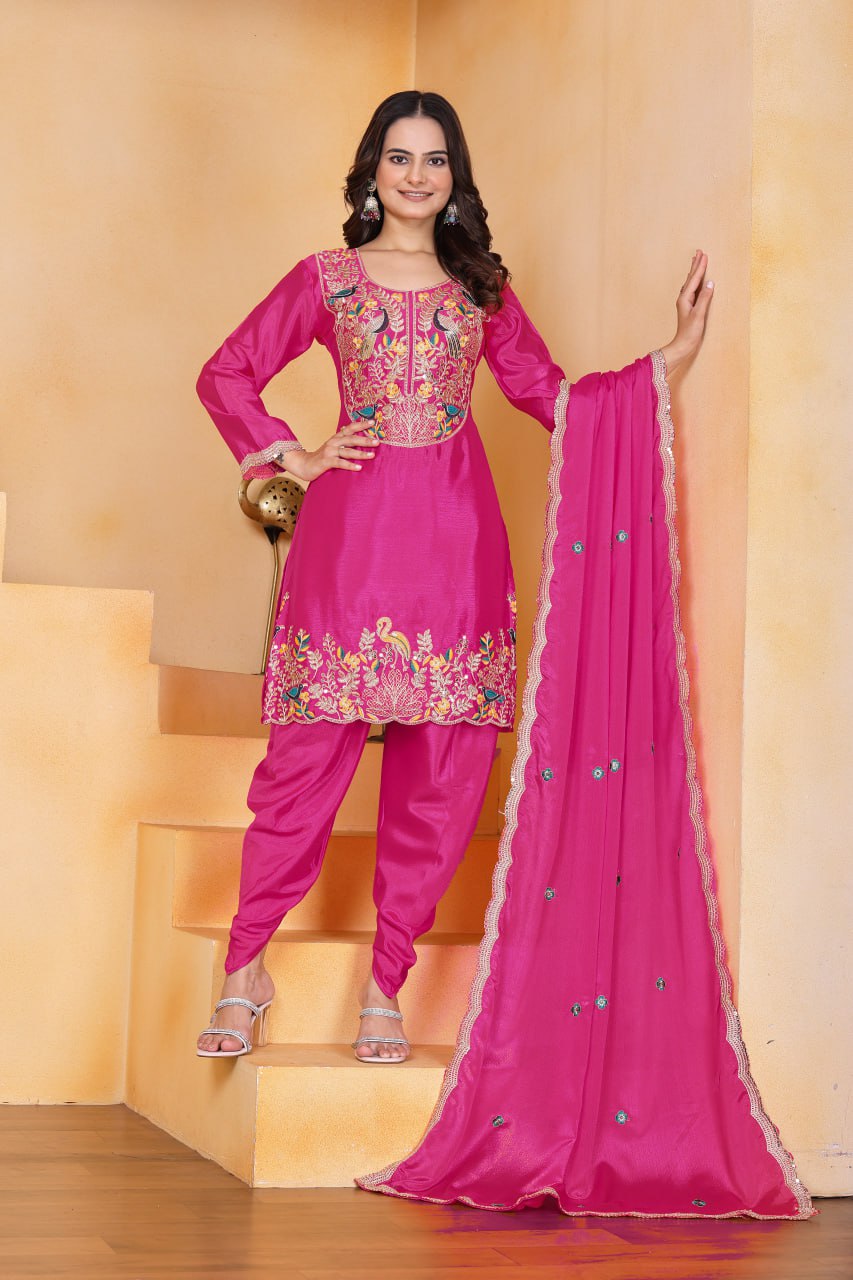 Pink Chinon Silk Embroidered Dhoti Style Suit for Women