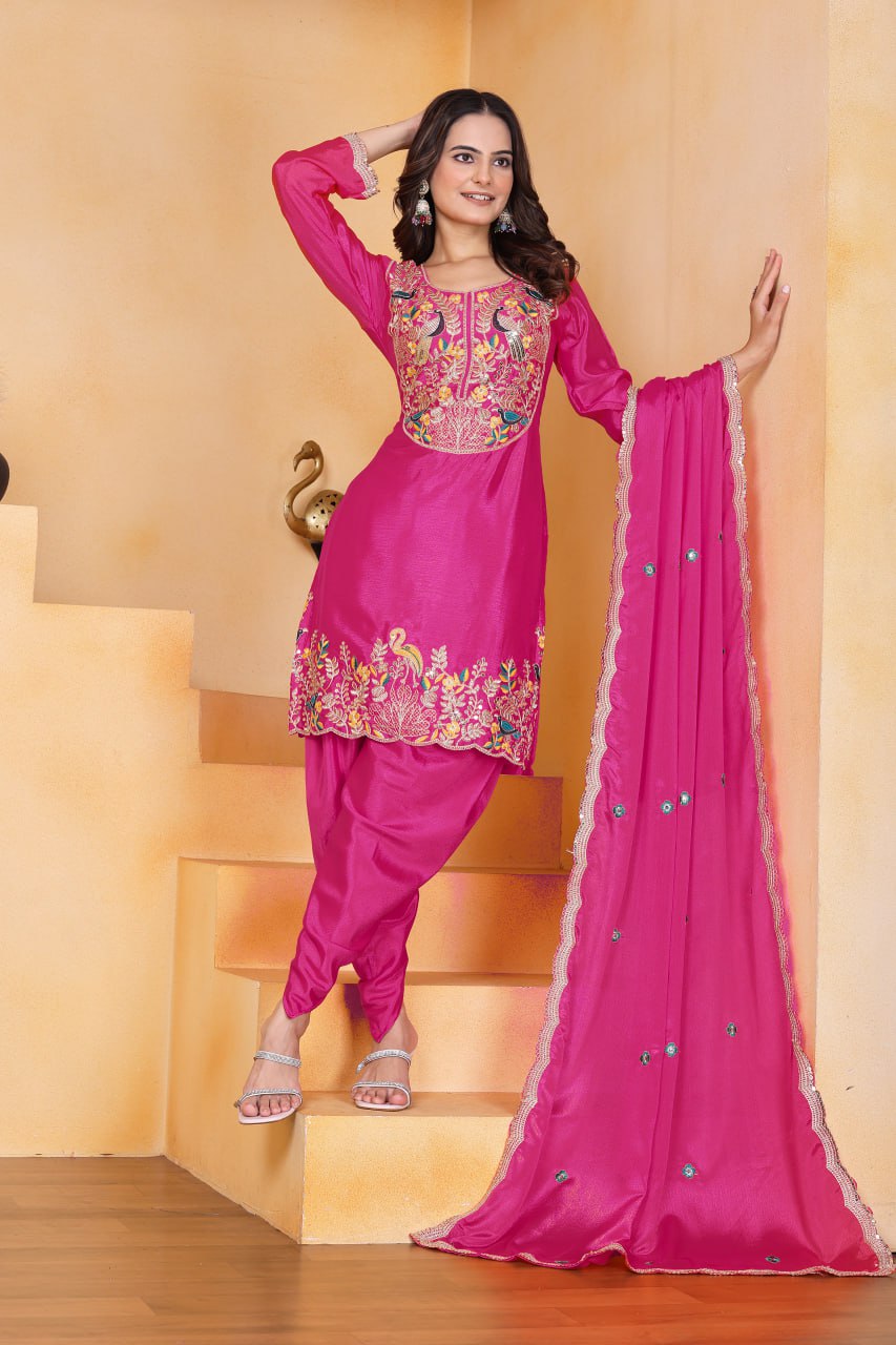 Pink Chinon Silk Embroidered Dhoti Style Suit for Women