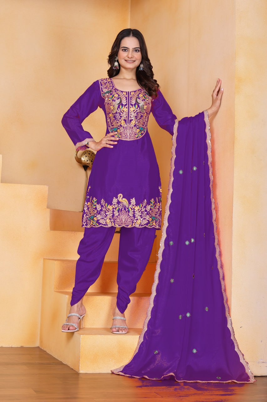 Purple Chinon Silk Dhoti Suit with Coding Sequence Embroidery