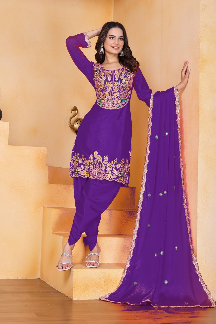 Purple Chinon Silk Dhoti Suit with Coding Sequence Embroidery