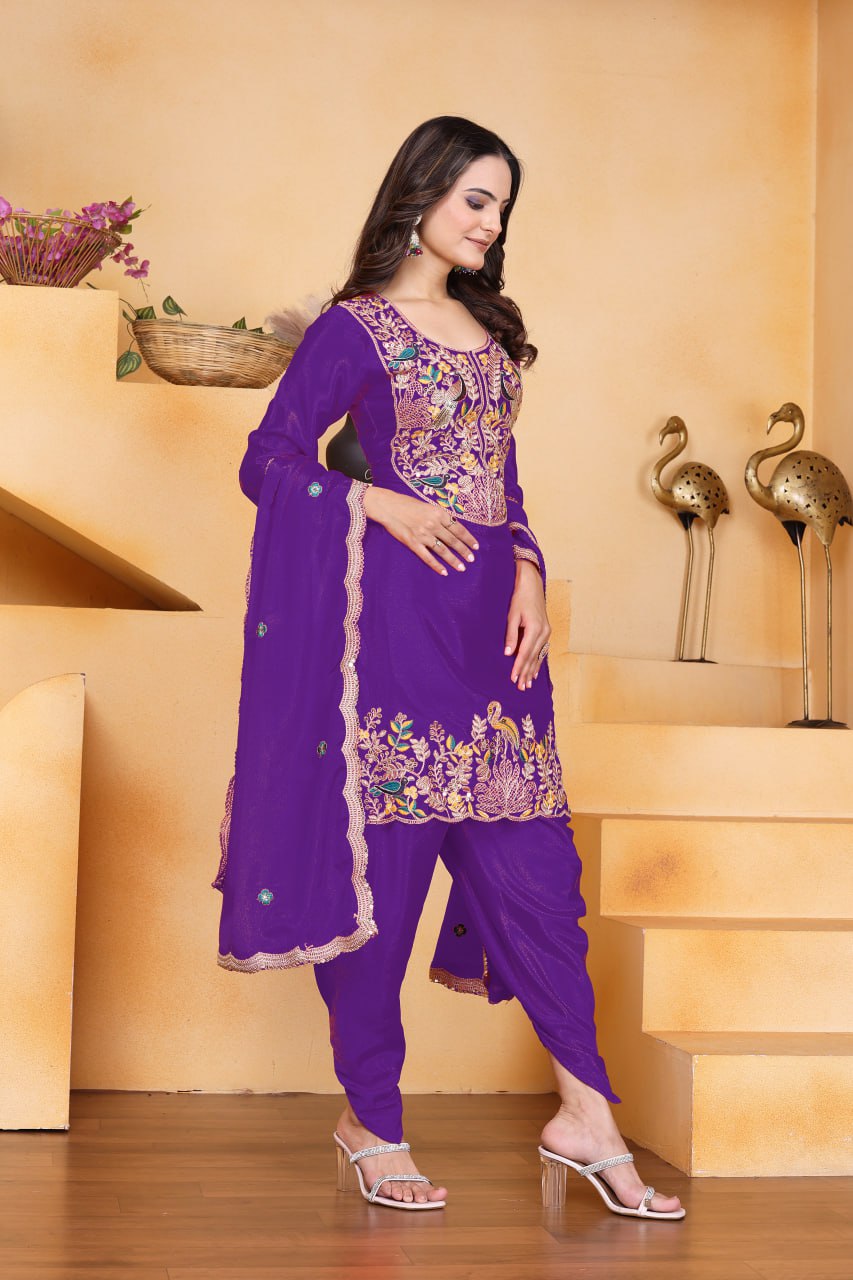 Purple Chinon Silk Dhoti Suit with Coding Sequence Embroidery