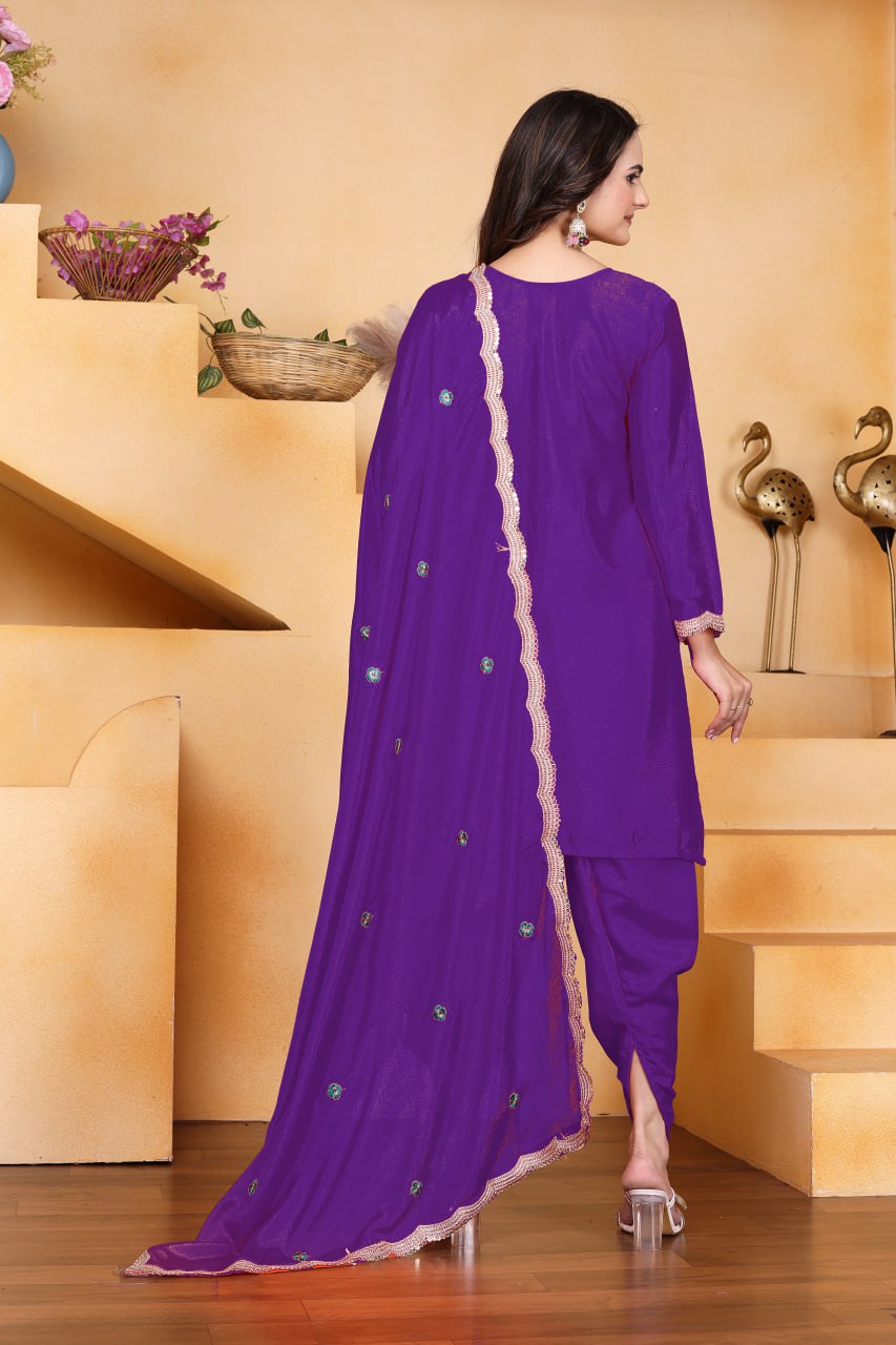 Purple Chinon Silk Dhoti Suit with Coding Sequence Embroidery