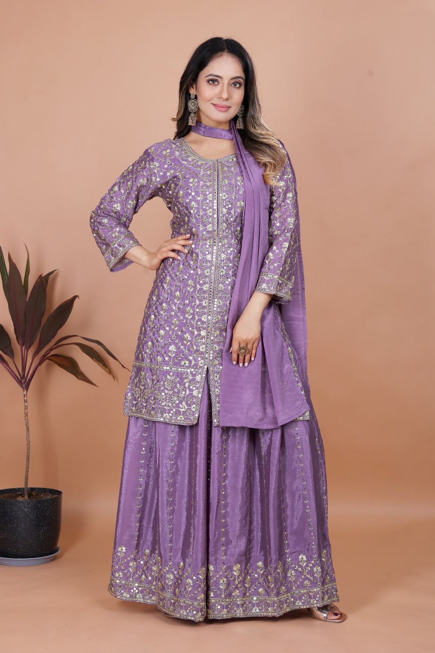 Lavender Chinon Silk Sharara Suit with Sequence Embroidery