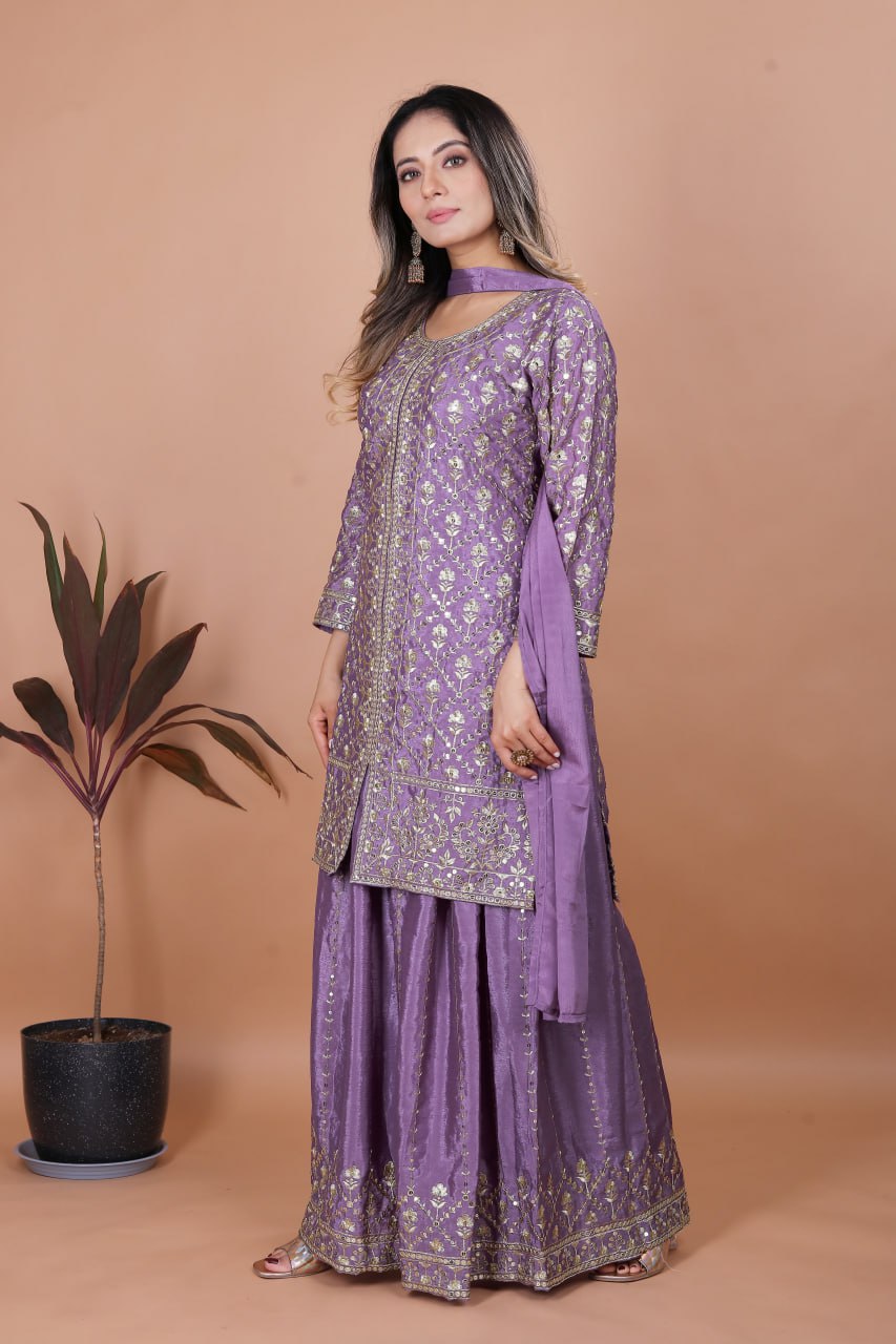 Lavender Chinon Silk Sharara Suit with Sequence Embroidery