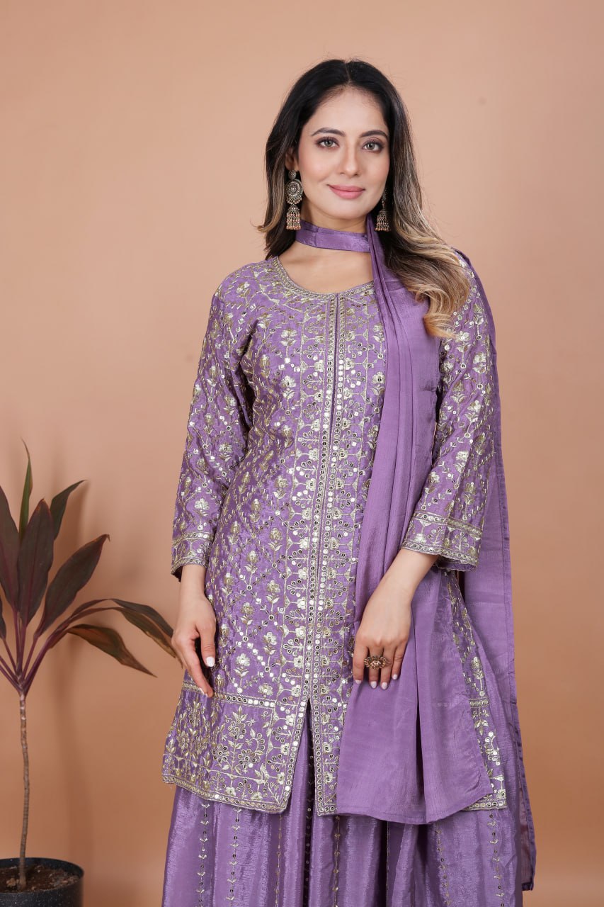 Lavender Chinon Silk Sharara Suit with Sequence Embroidery