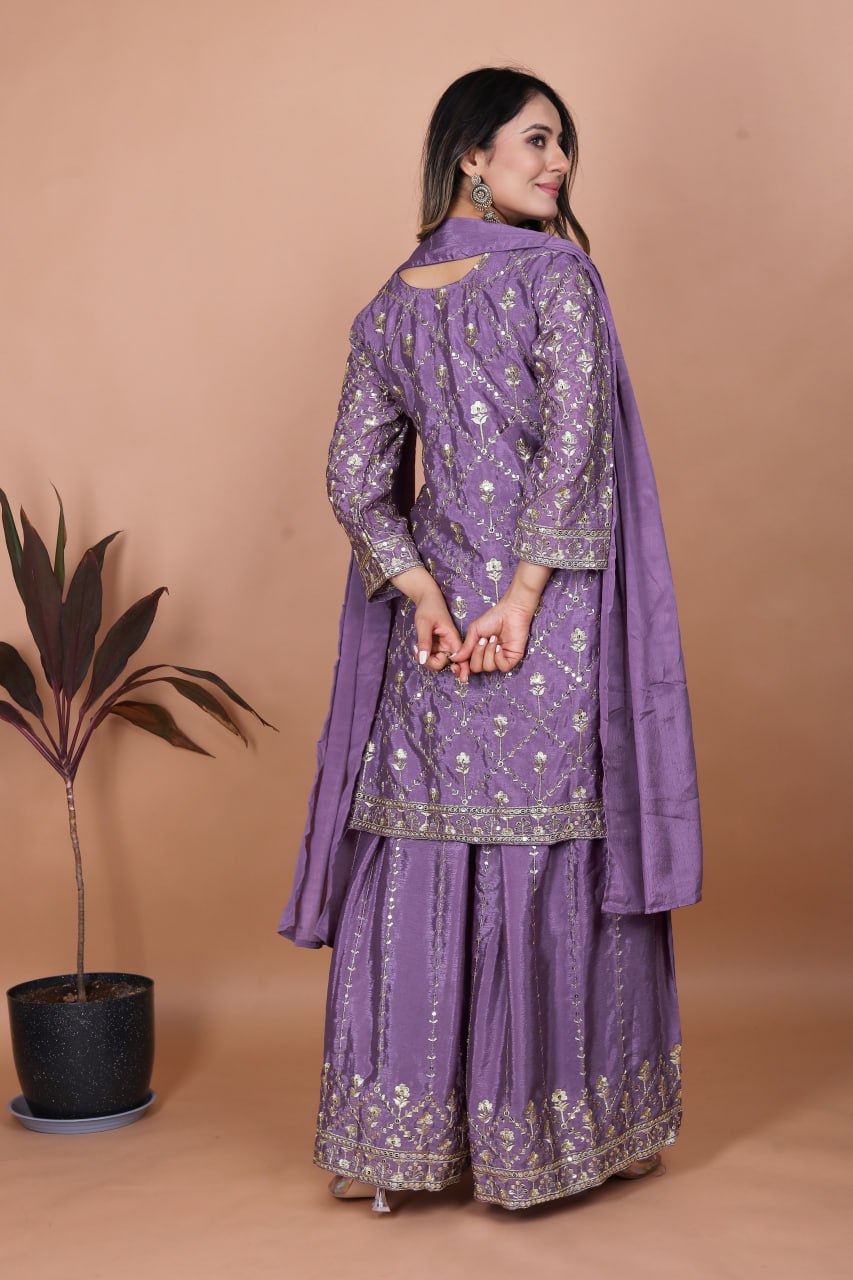 Lavender Chinon Silk Sharara Suit with Sequence Embroidery