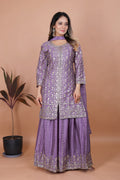 Lavender Chinon silk sharara suit with detailed sequence embroidery.