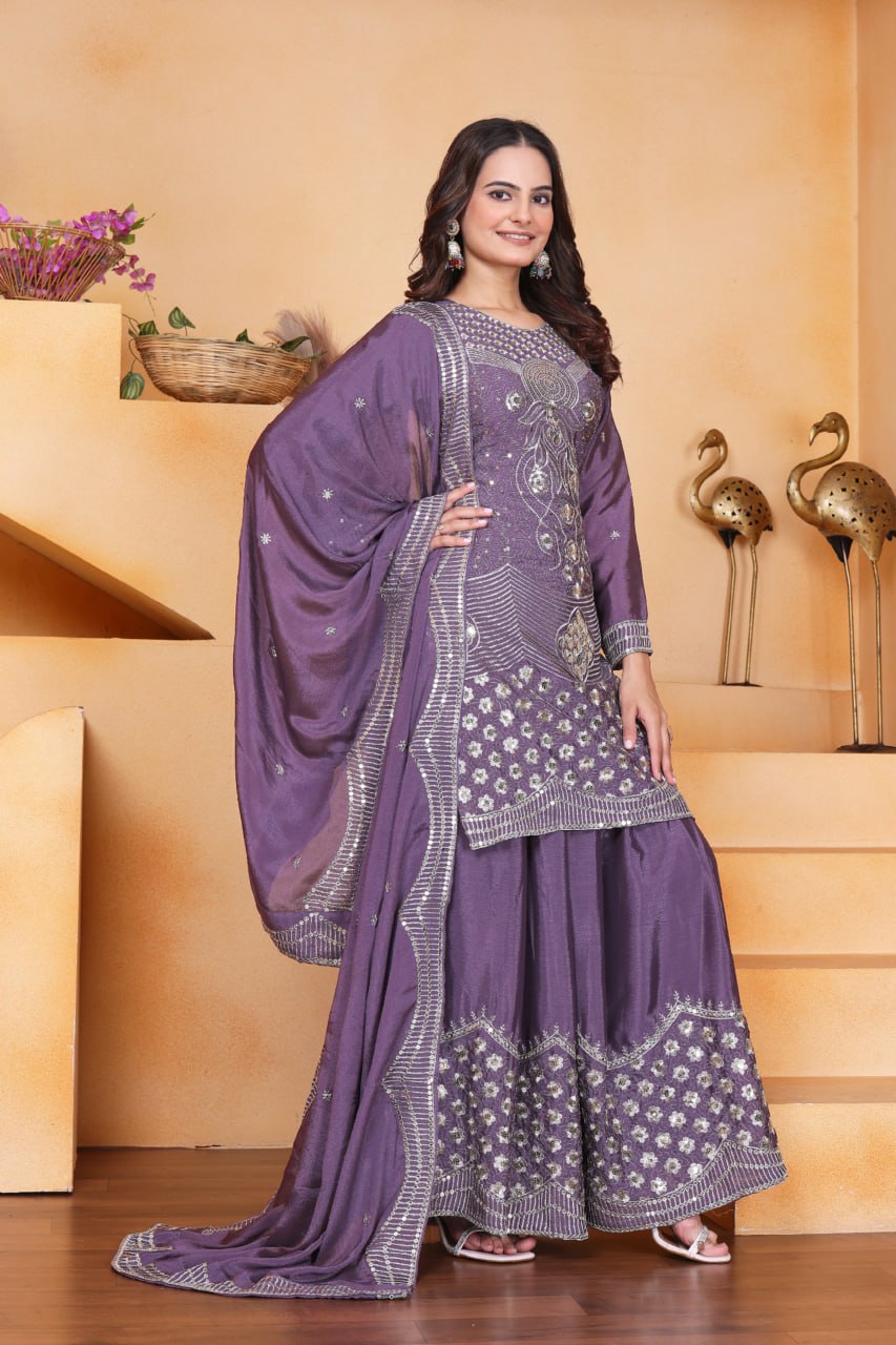 Lavender Chinon Silk Embroidered Sharara Suit with Sequence Work