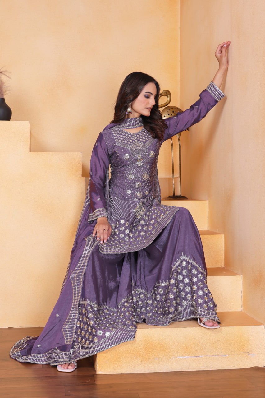 Lavender Chinon Silk Embroidered Sharara Suit with Sequence Work