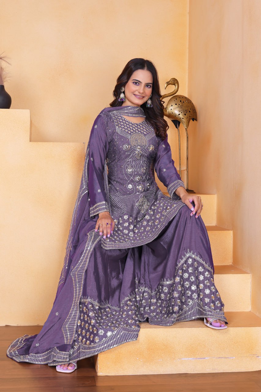 Lavender Chinon Silk Embroidered Sharara Suit with Sequence Work