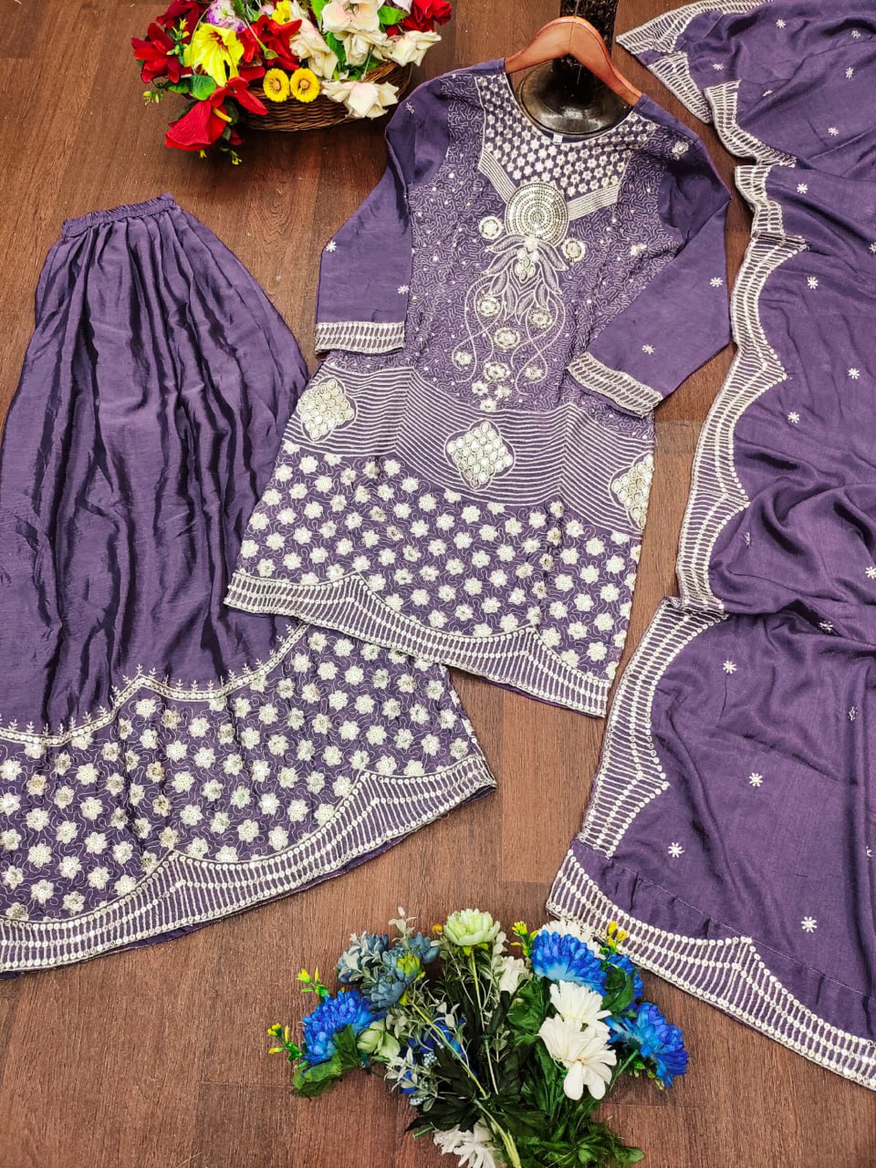Lavender Chinon Silk Embroidered Sharara Suit with Sequence Work