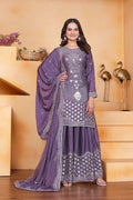 Lavender Chinon silk sharara suit with detailed sequence embroidery work