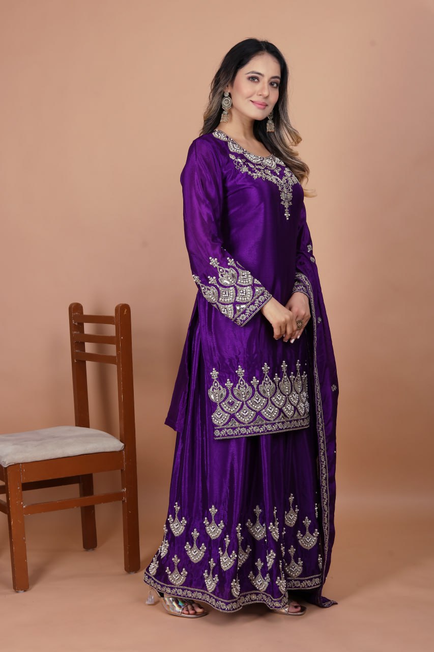 Violet Chinon Silk Embroidered Sharara Suit with Moti Work