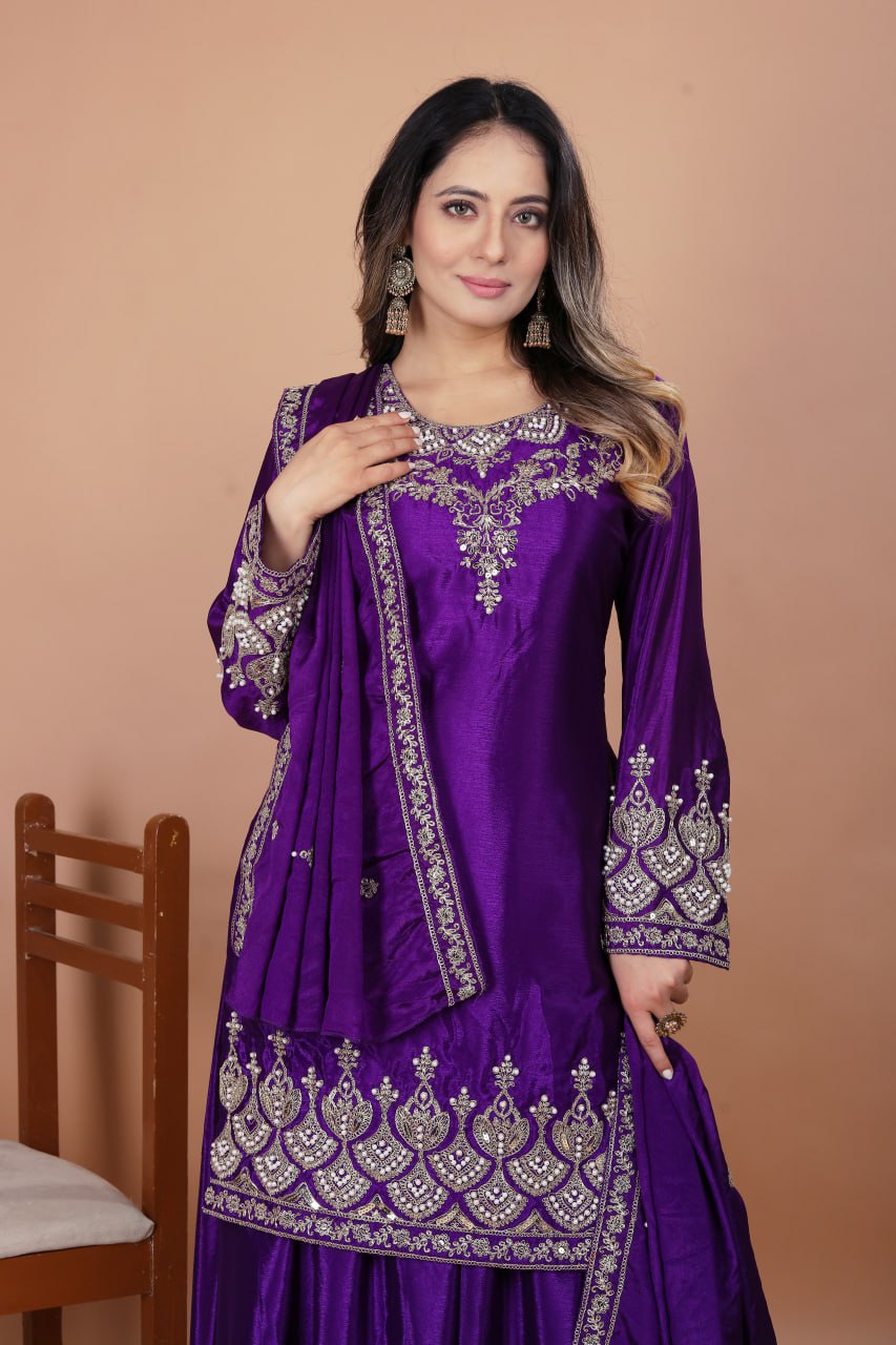Violet Chinon Silk Embroidered Sharara Suit with Moti Work