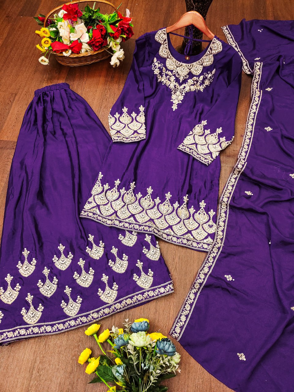 Violet Chinon Silk Sharara Suit with Embroidery & Moti Work