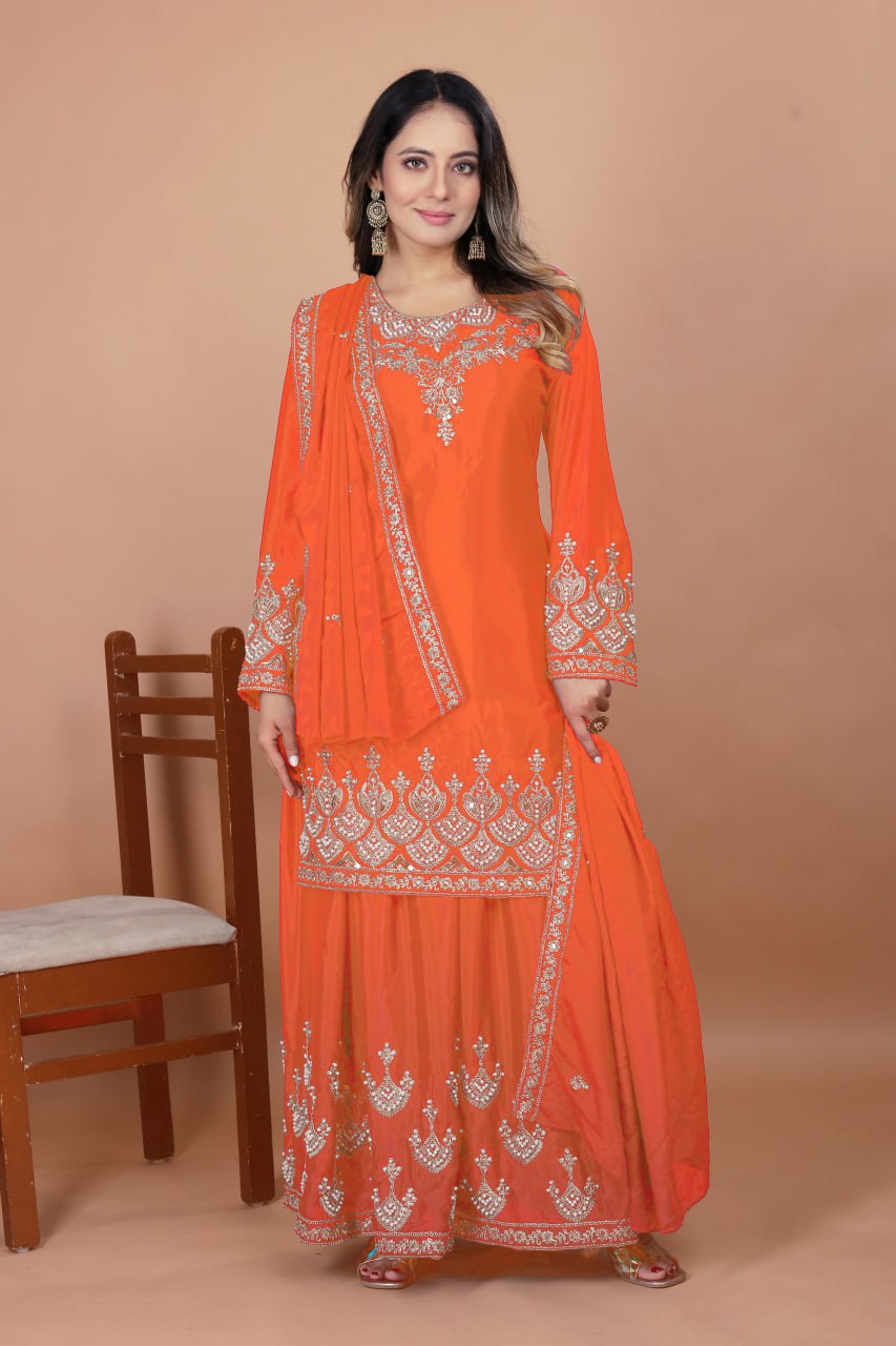 Orange Chinon Silk Embroidered Sharara Suit with Moti Work