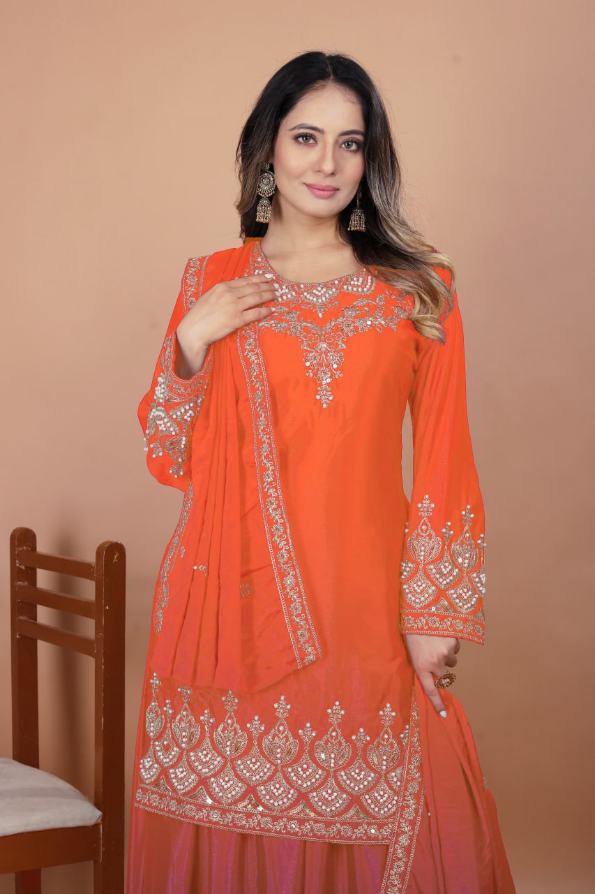Orange Chinon Silk Embroidered Sharara Suit with Moti Work