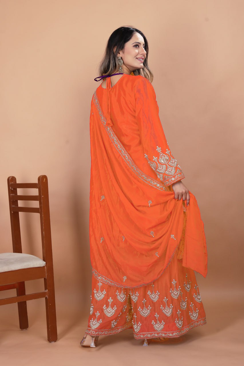 Orange Chinon Silk Embroidered Sharara Suit with Moti Work