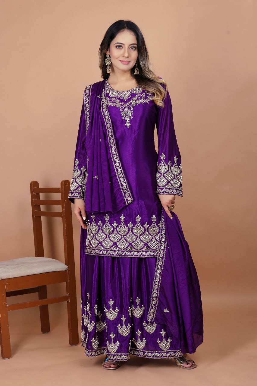 Violet Chinon Silk Embroidered Designer Sharara Suit for Women