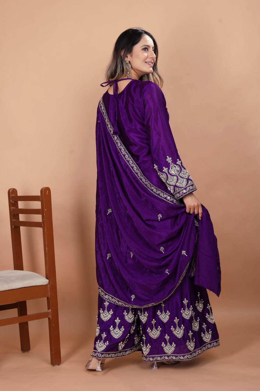Violet Chinon Silk Embroidered Designer Sharara Suit for Women