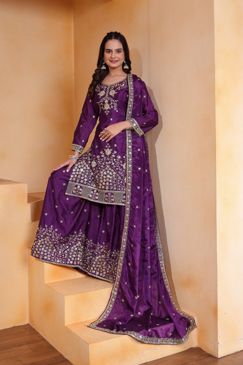 Violet Chinon Silk Embroidered Sharara Suit for Women Festive Wear