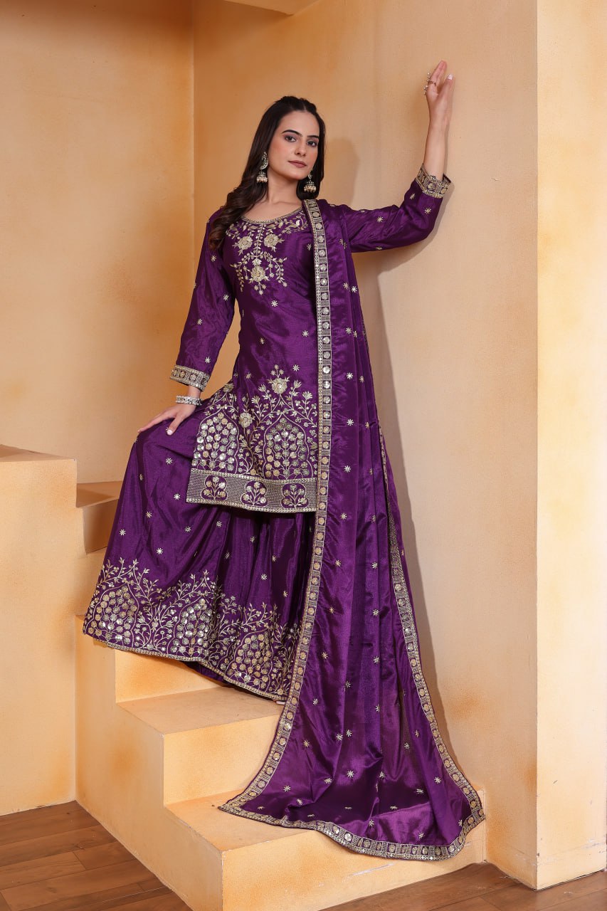 Violet Chinon Silk Embroidered Sharara Suit for Women Festive Wear