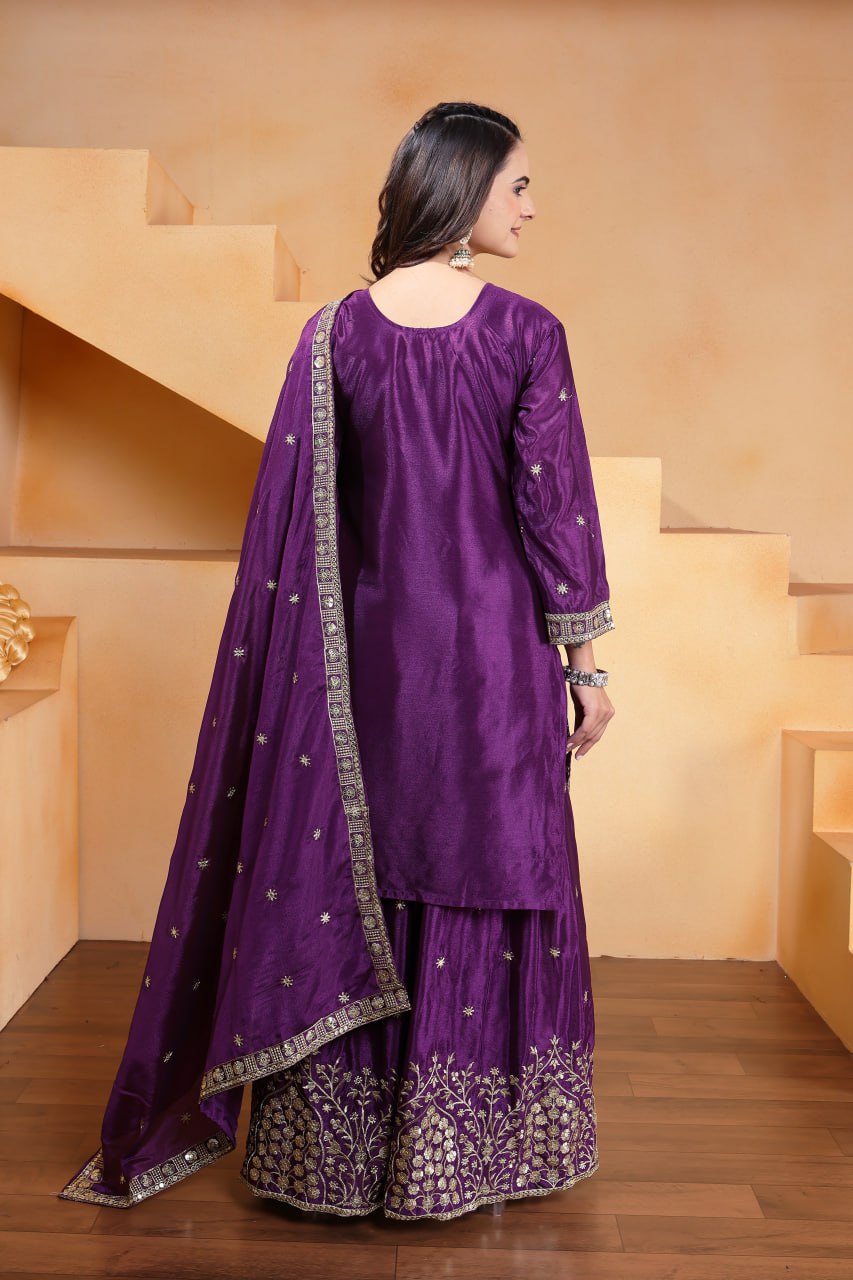 Violet Chinon Silk Embroidered Sharara Suit for Women Festive Wear